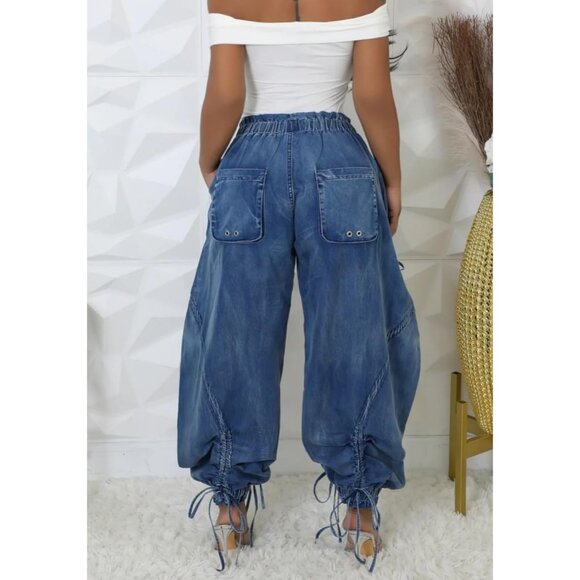 Women Baggy High Waisted Denim Jeans Wide Leg Drawstring Casual Pants - Picture 4 of 6